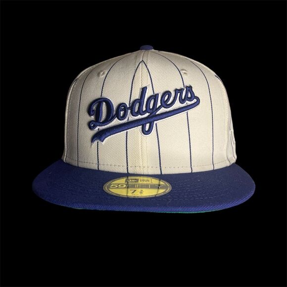 Los Angeles Dodgers New Era 59FIFTY Off White Pinstripe Script Hat Cap 7 3/8 - Picture 1 of 10